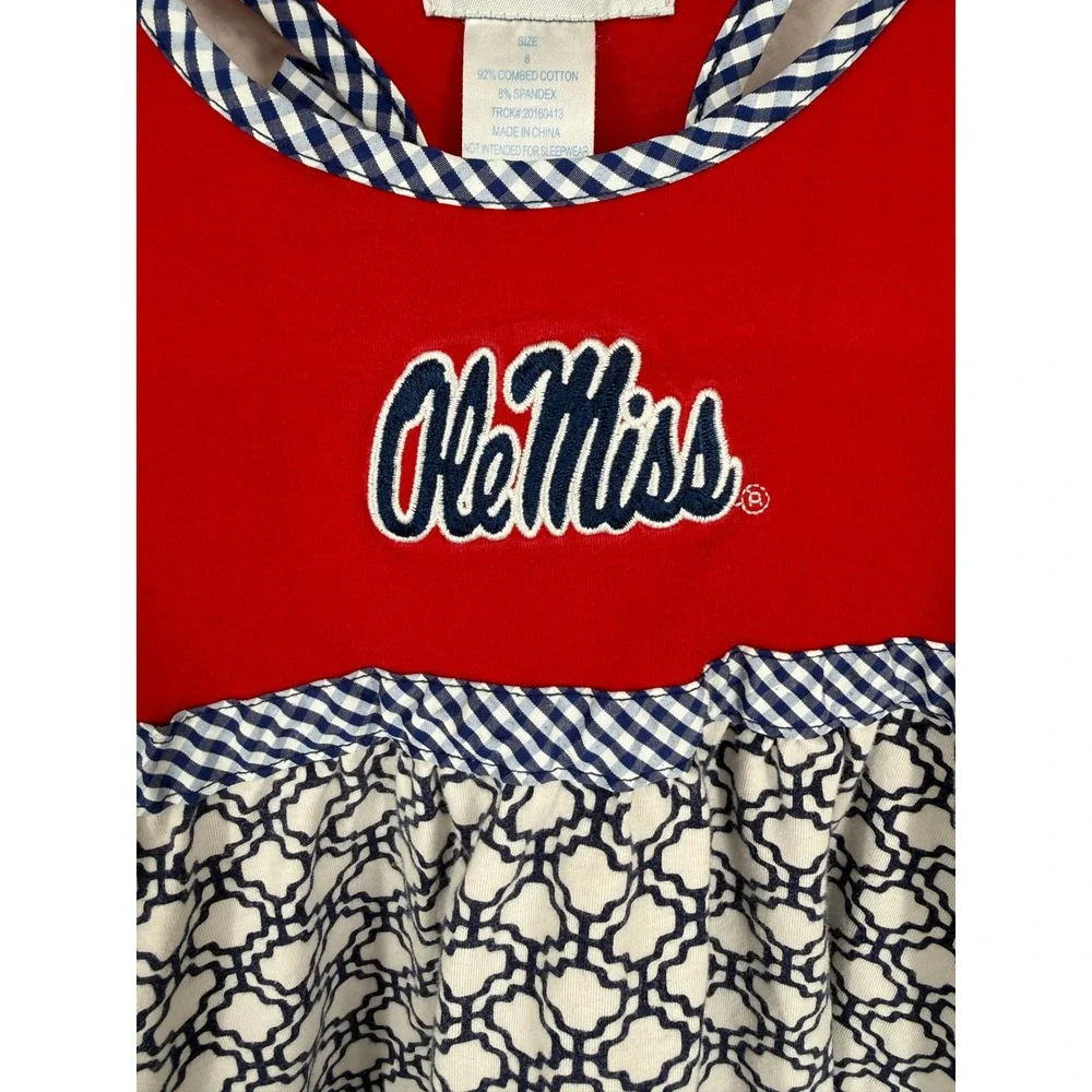 Ole Miss Rebels Girls Knit Ruffled Dress Red Blue Gingham Lattice Size 8